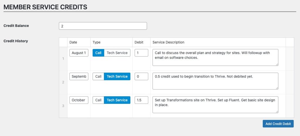 Service credit system - Wordpress user profile screen